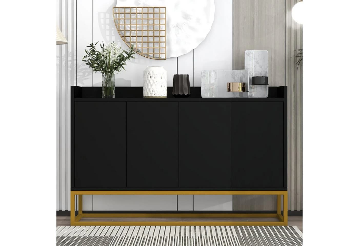 Flieks Sideboard Schwarz mit goldenen Metallbeinen