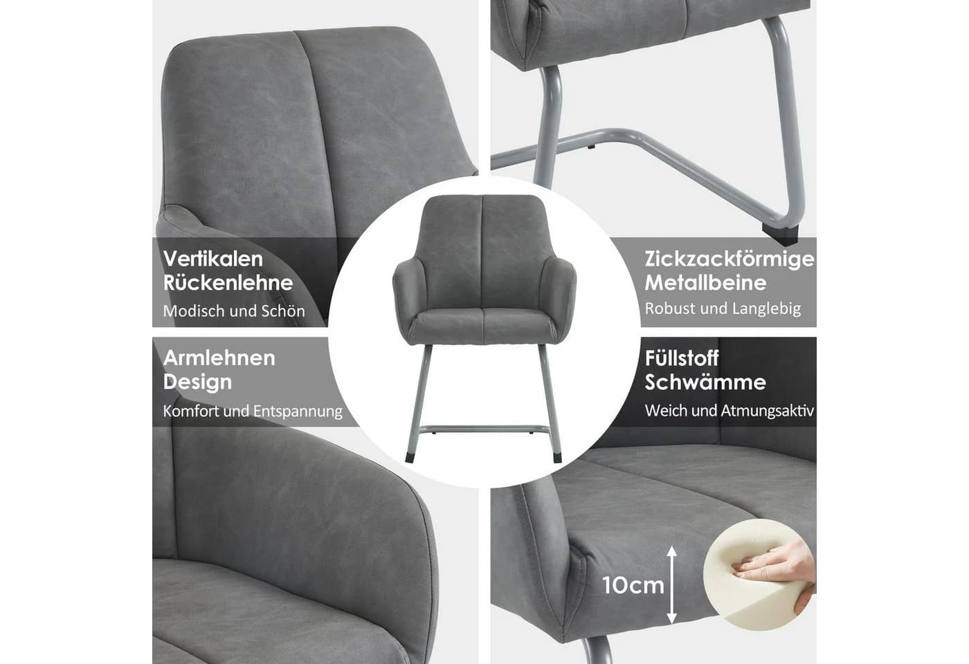 Flieks Freischwinger 4er Set Grau Kunstleder Esszimmerstühle - Bild 4