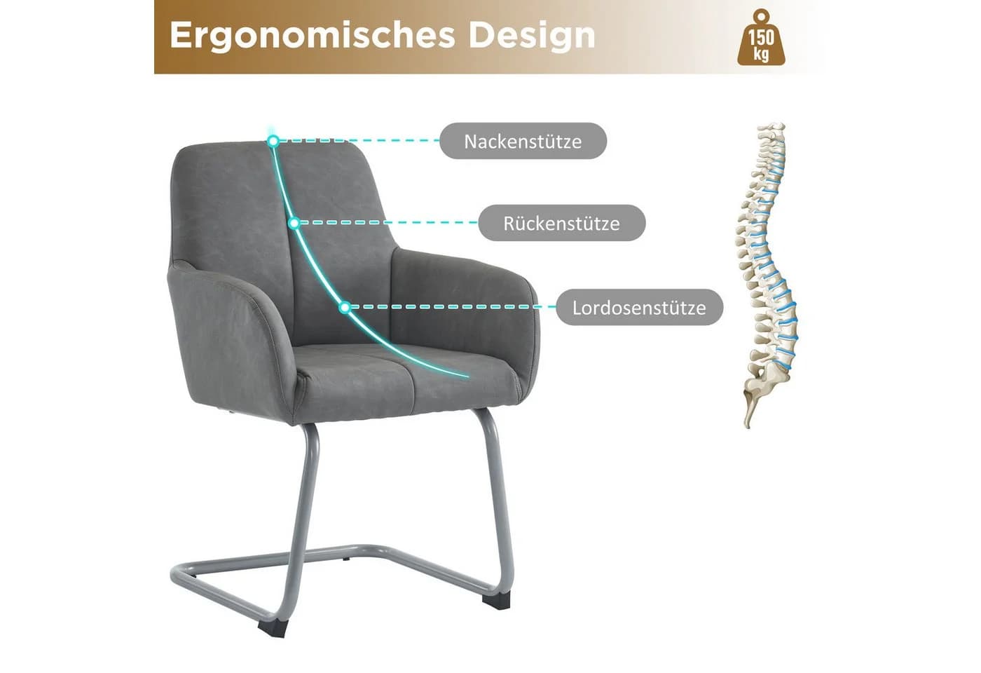 Flieks Freischwinger 4er Set Grau Kunstleder Esszimmerstühle - Bild 5