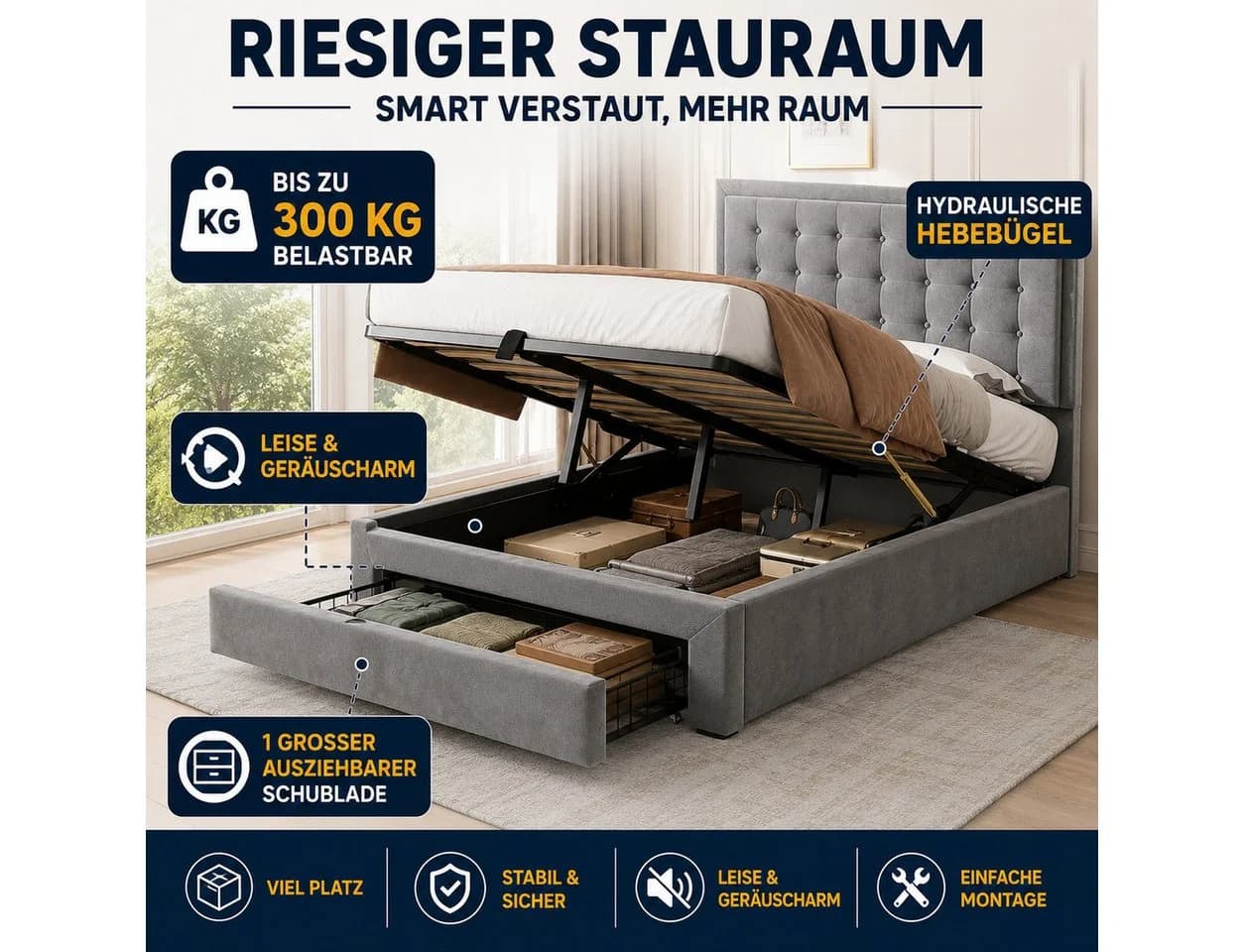 Flieks Polsterbett Hydraulisches Stauraumbett Grau Samt - Bild 5
