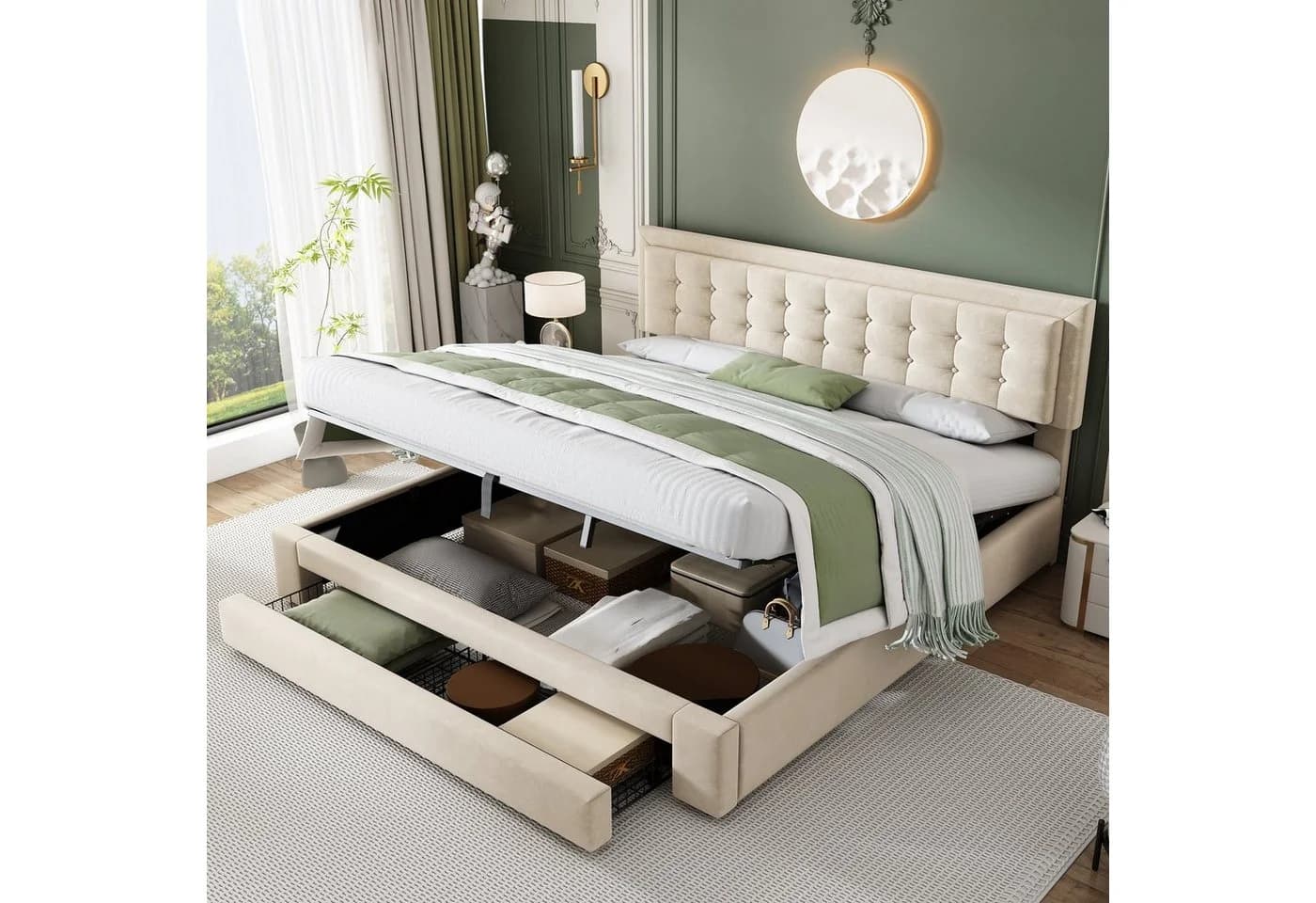 Flieks Polsterbett Hydraulisches Stauraumbett Samt Beige - Bild 2