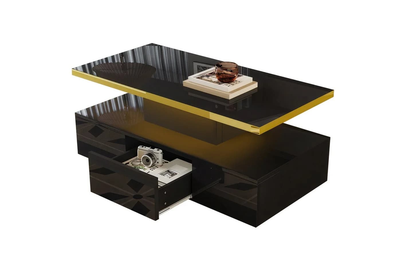 Merax Couchtisch Schwarz Hochglanz mit LED-Beleuchtung und Schublade - Bild 2