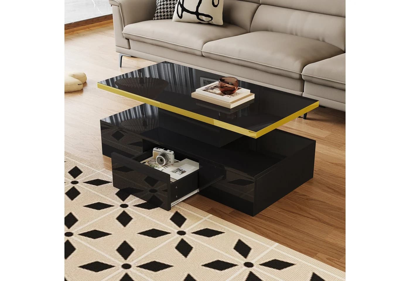 Merax Couchtisch Schwarz Hochglanz mit LED-Beleuchtung und Schublade - Bild 3