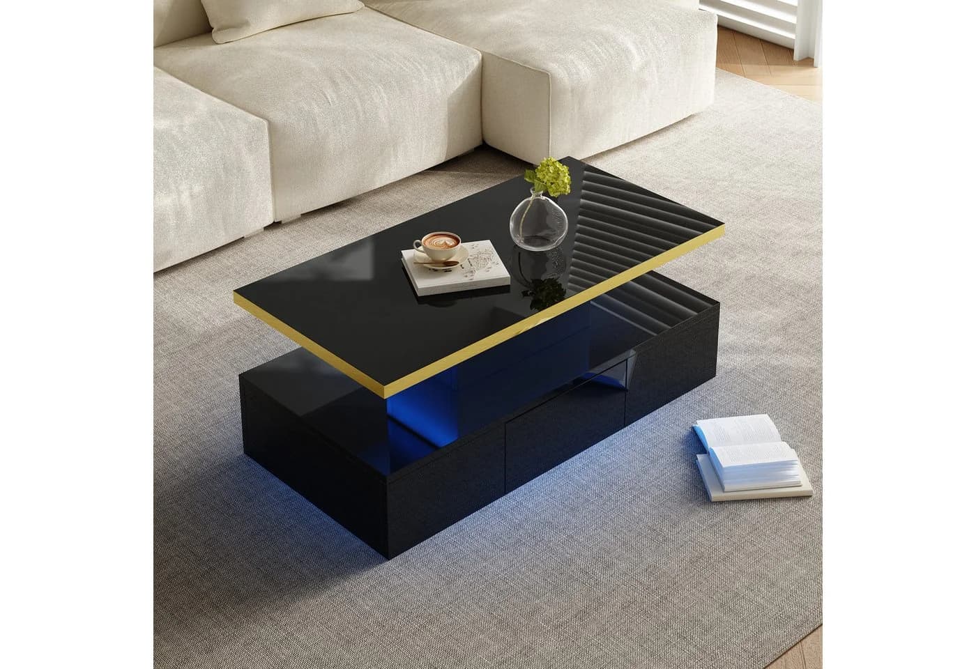 Merax Couchtisch Schwarz Hochglanz mit LED-Beleuchtung und Schublade - Bild 4