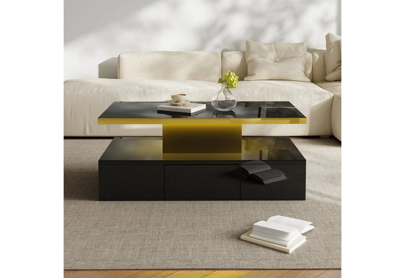 Merax Couchtisch Schwarz Hochglanz mit LED-Beleuchtung und Schublade - Bild 5