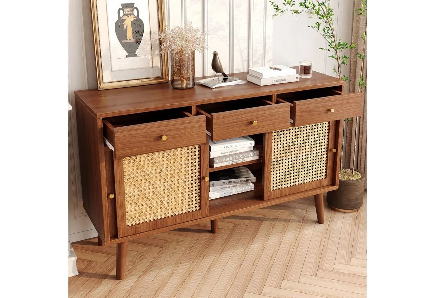 Flieks Sideboard Kommode 3 Schubladen Rattangeflecht 120x40x78cm - Bild 3