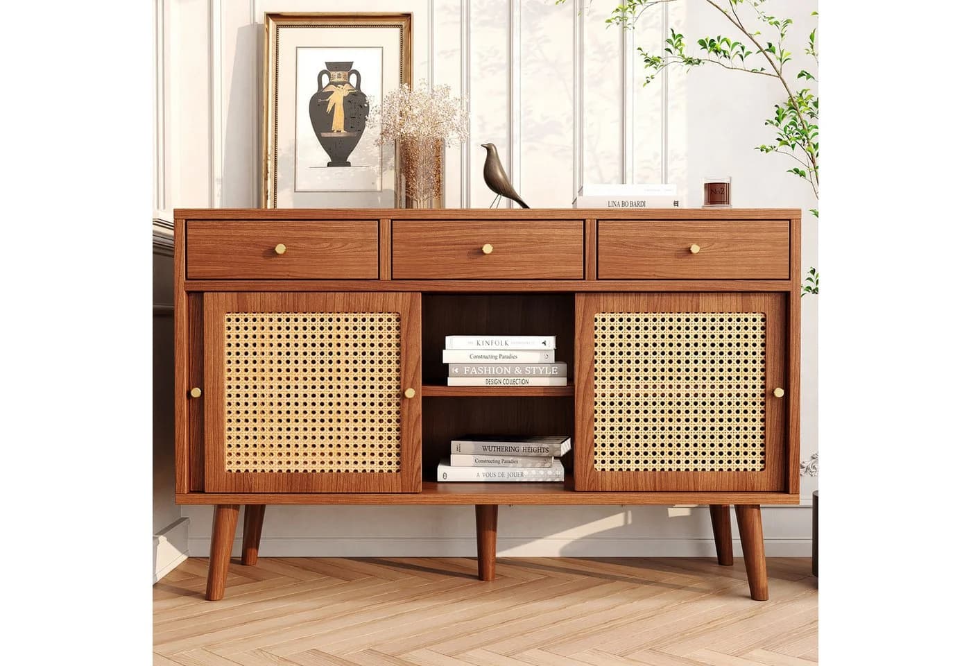Flieks Sideboard Kommode 3 Schubladen Rattangeflecht 120x40x78cm - Bild 4