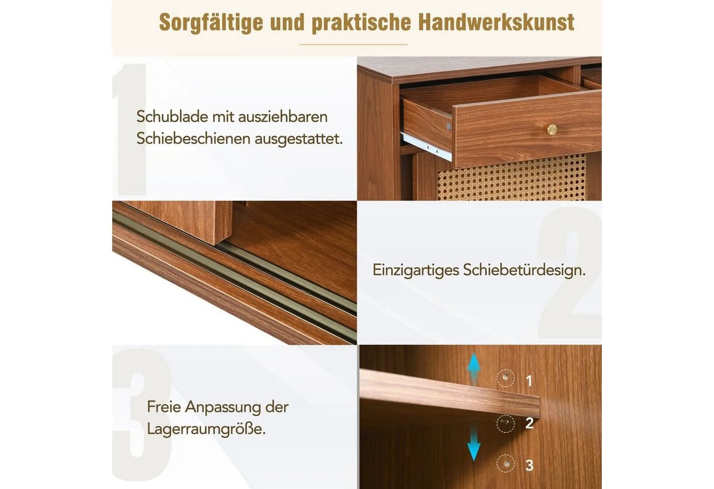 Merax Sideboard 3 Schubladen 3 Türen Rattan Walnuss - Bild 3