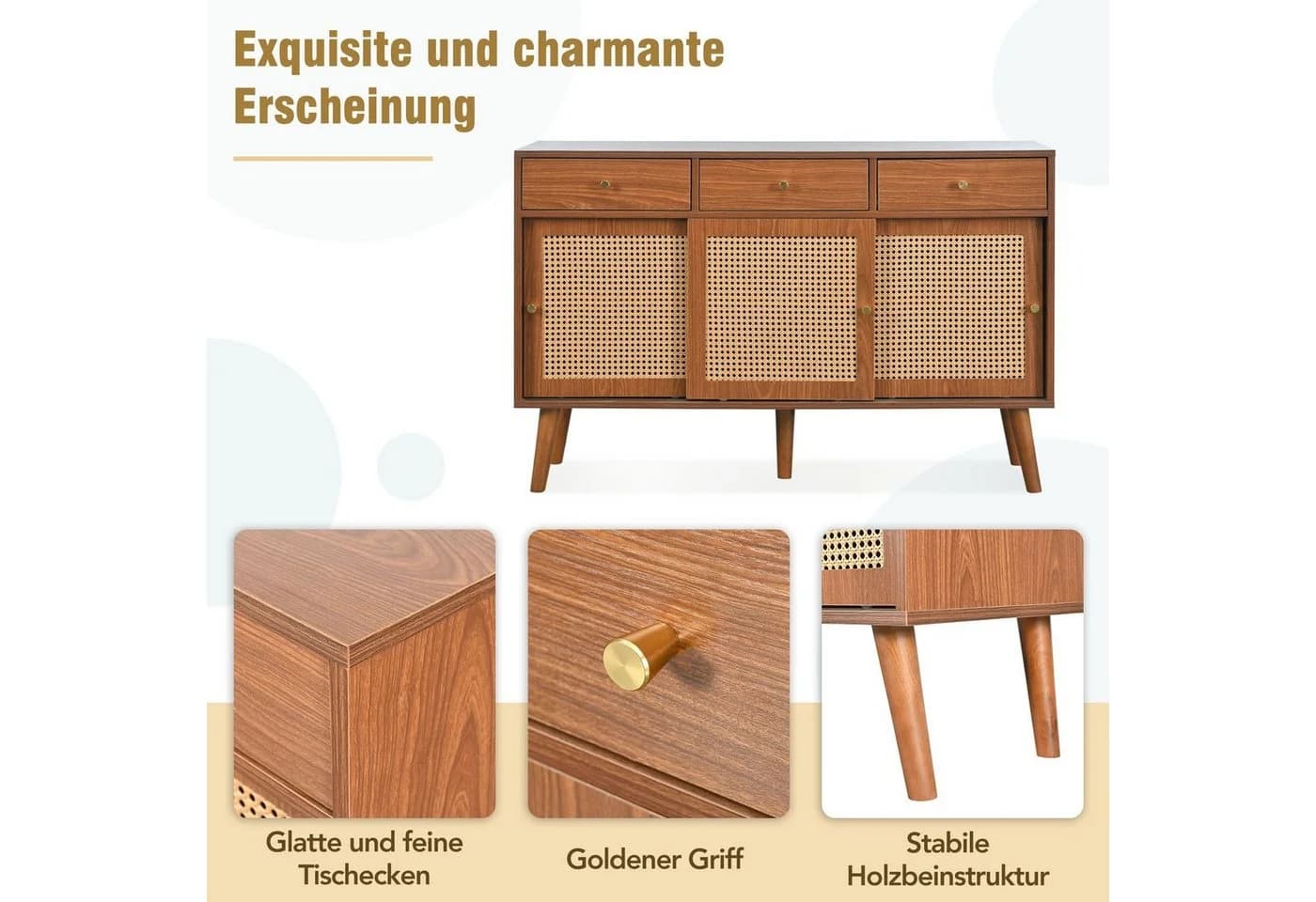 Merax Sideboard 3 Schubladen 3 Türen Rattan Walnuss - Bild 4