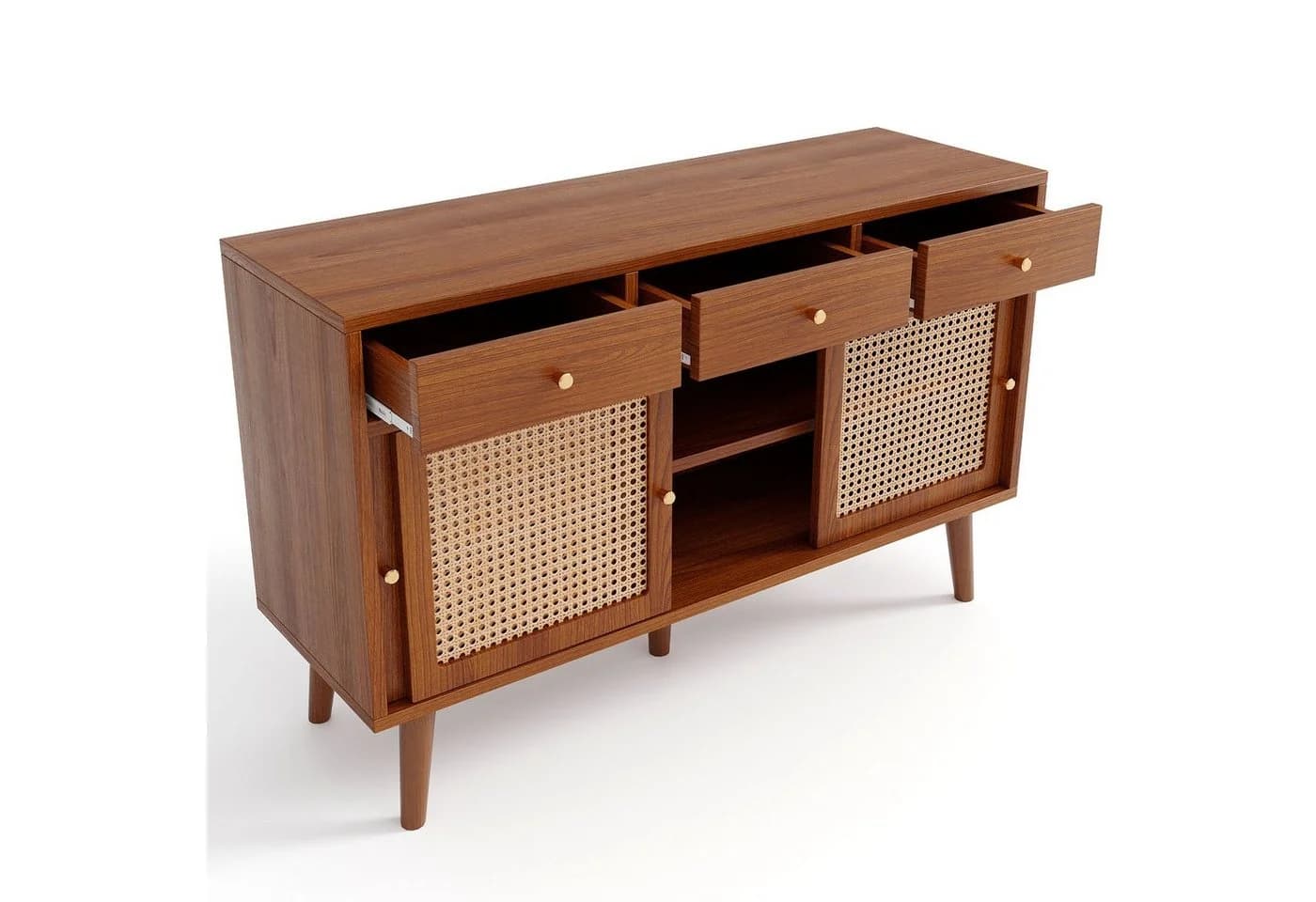 Merax Sideboard 3 Schubladen 3 Türen Rattan Walnuss - Bild 5