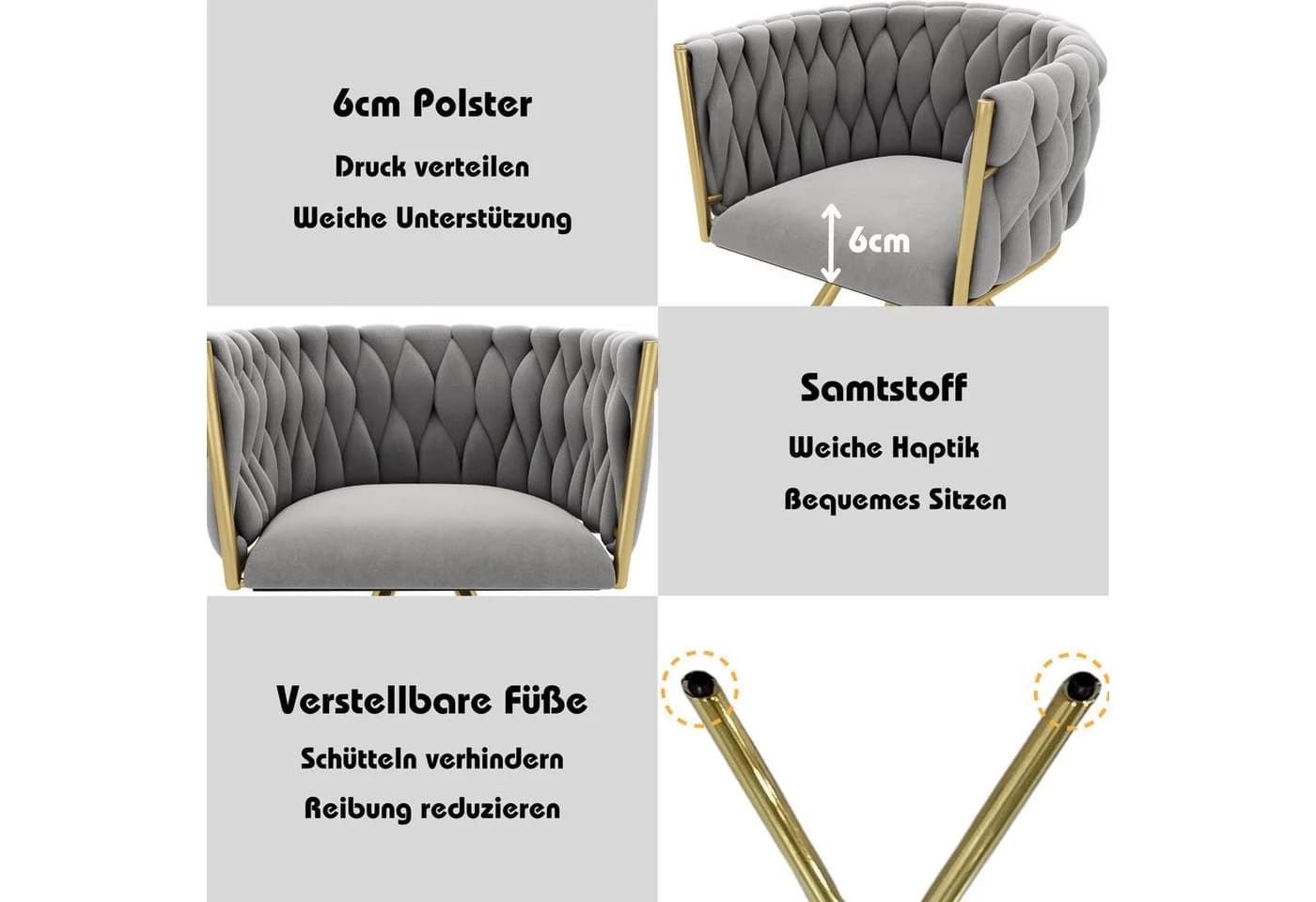 Flieks 4er Set Esszimmerstühle Grau Samt Stahlbeine 360° drehbar - Bild 5