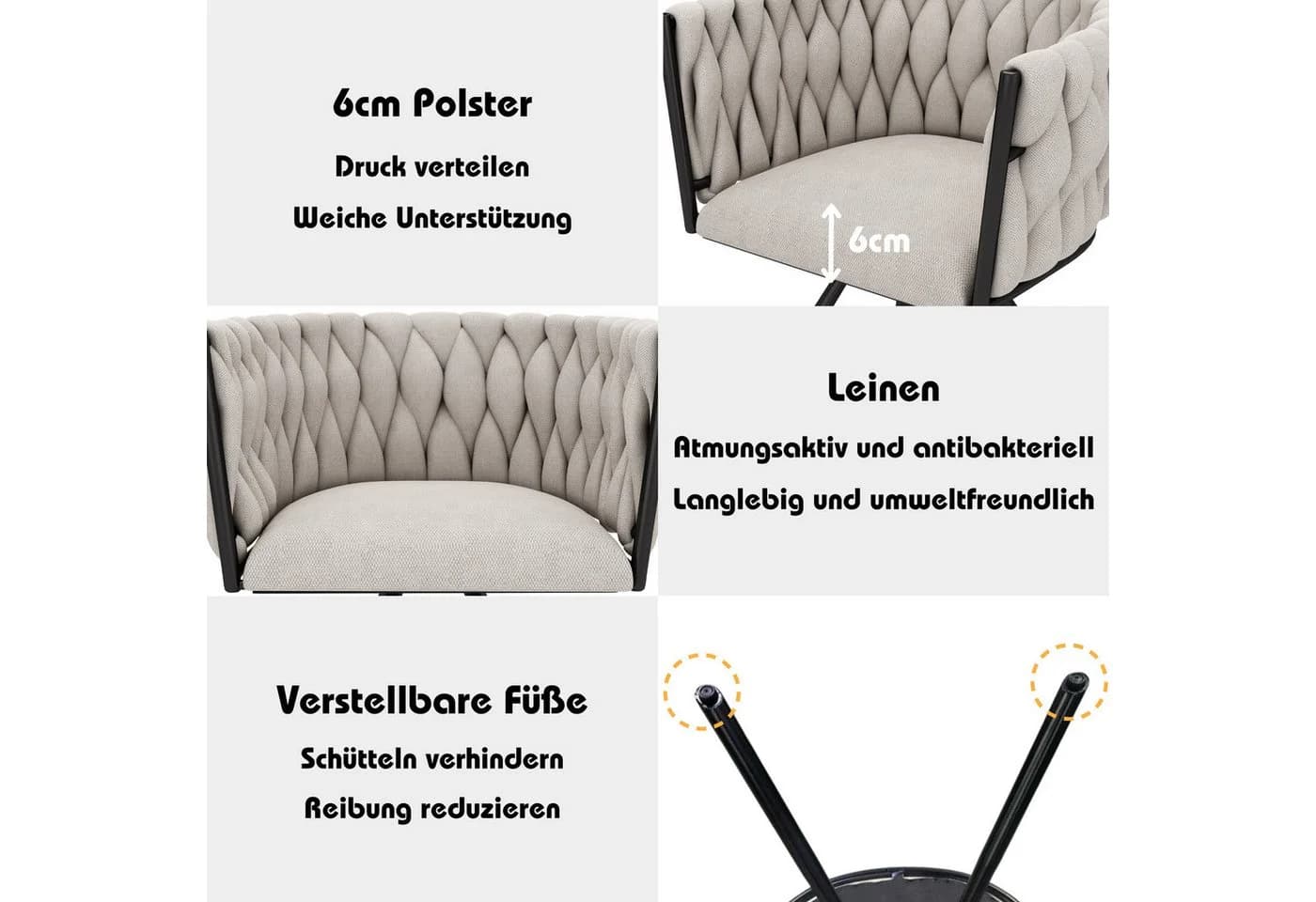 Flieks Esszimmerstuhl 360° drehbar 6er Set Polsterstühle Leinen Stahlbeine - Bild 5