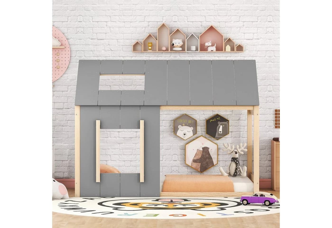 Flieks Kinderbett Massivholz Hausbett mit Dach und Fenster