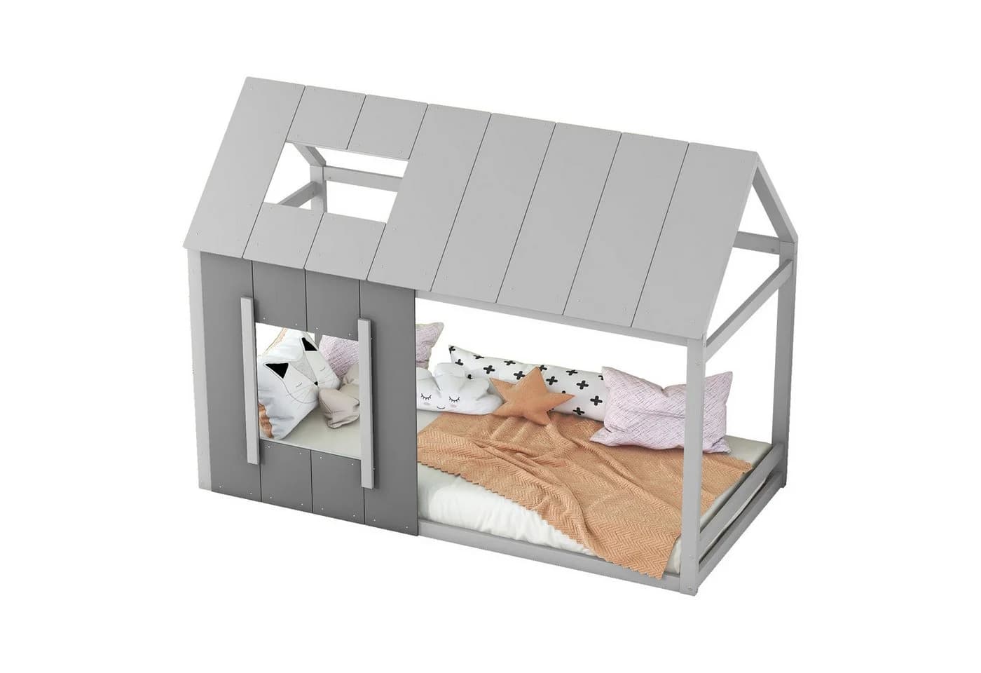 Flieks Kinderbett Hausbett Grau Massivholz mit Dach - Bild 2