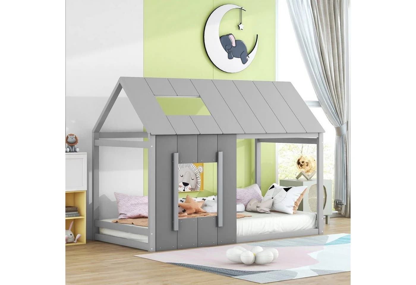 Flieks Kinderbett Hausbett Grau Massivholz mit Dach - Bild 3