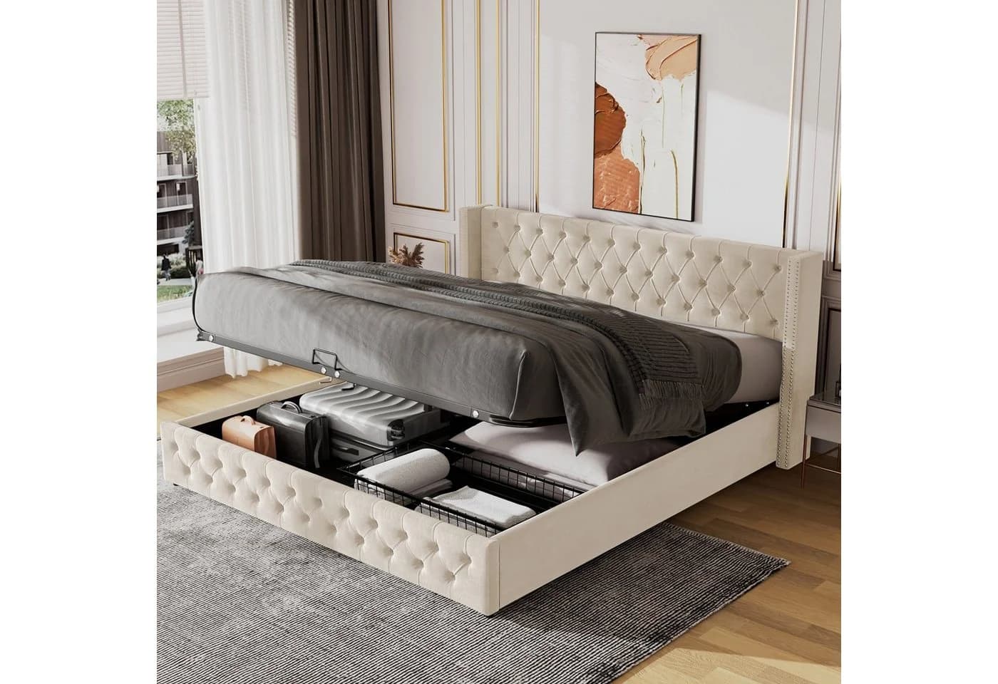 Flieks Polsterbett Samt Hydraulisches Funktionsbett Beige - Bild 2