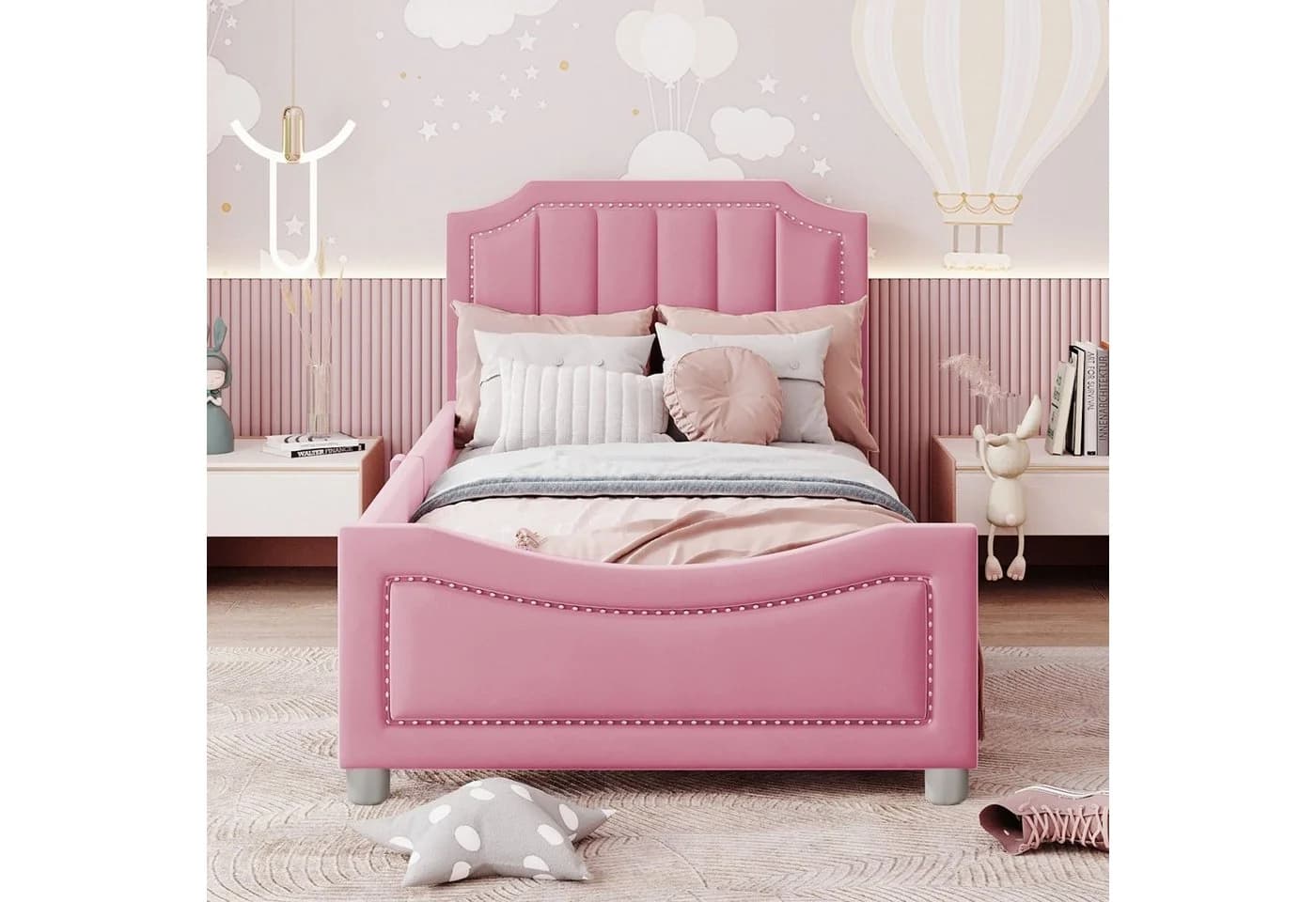 Flieks Polsterbett Rosa Samt Kinderbett mit Rückenlehne