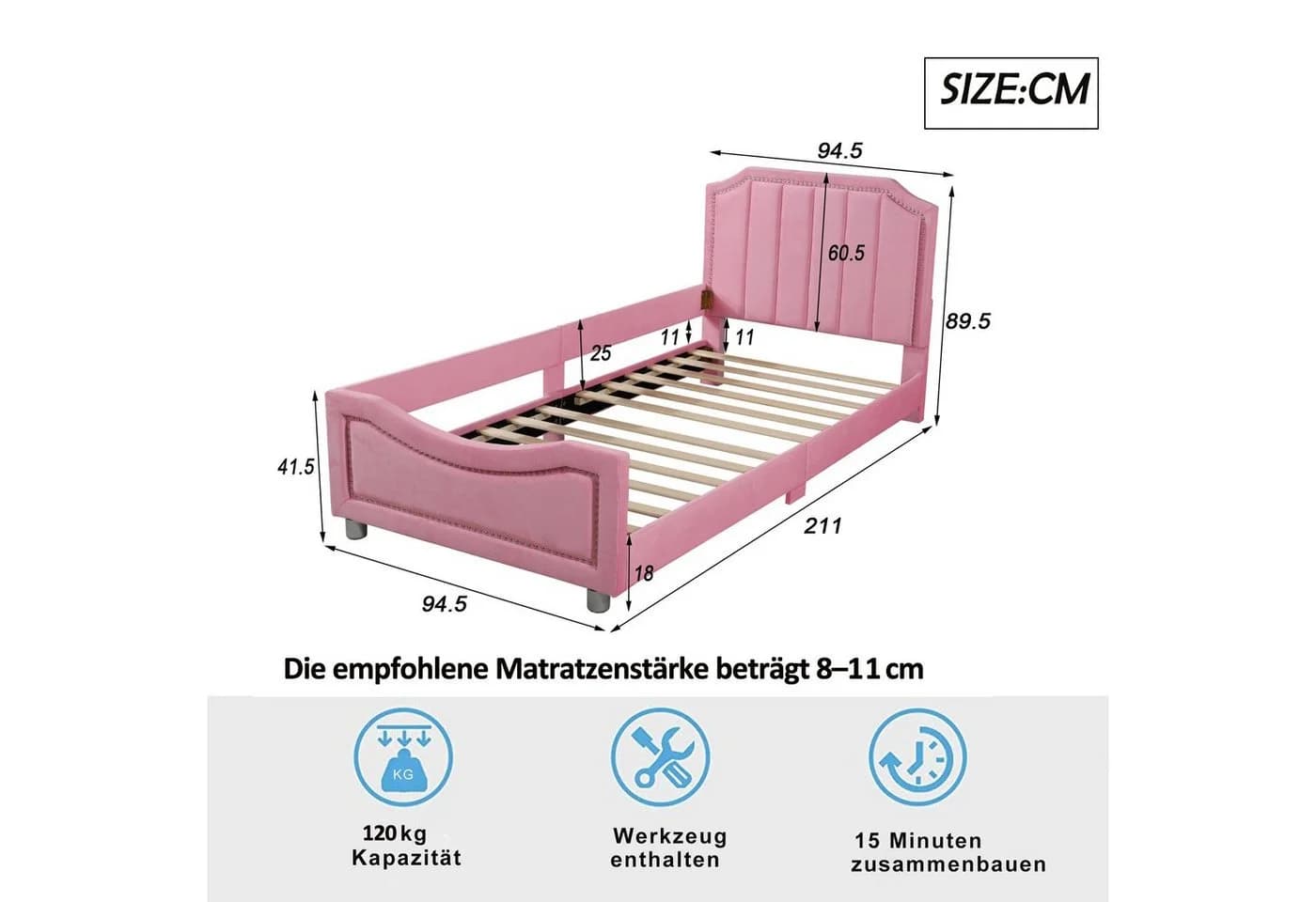 Flieks Polsterbett Rosa Samt Kinderbett mit Rückenlehne - Bild 3