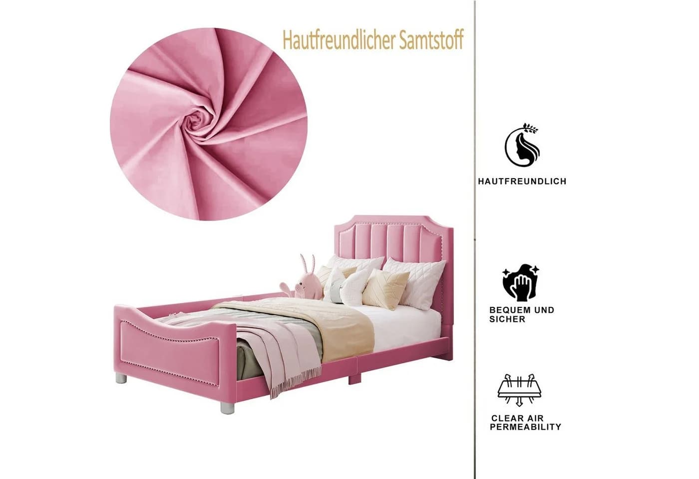 Flieks Polsterbett Rosa Samt Kinderbett mit Rückenlehne - Bild 4