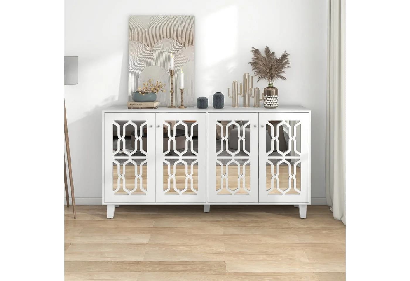 Flieks Sideboard Weiß mit 4 Spiegeltüren - Schrank für Wohnzimmer & Schlafzimmer