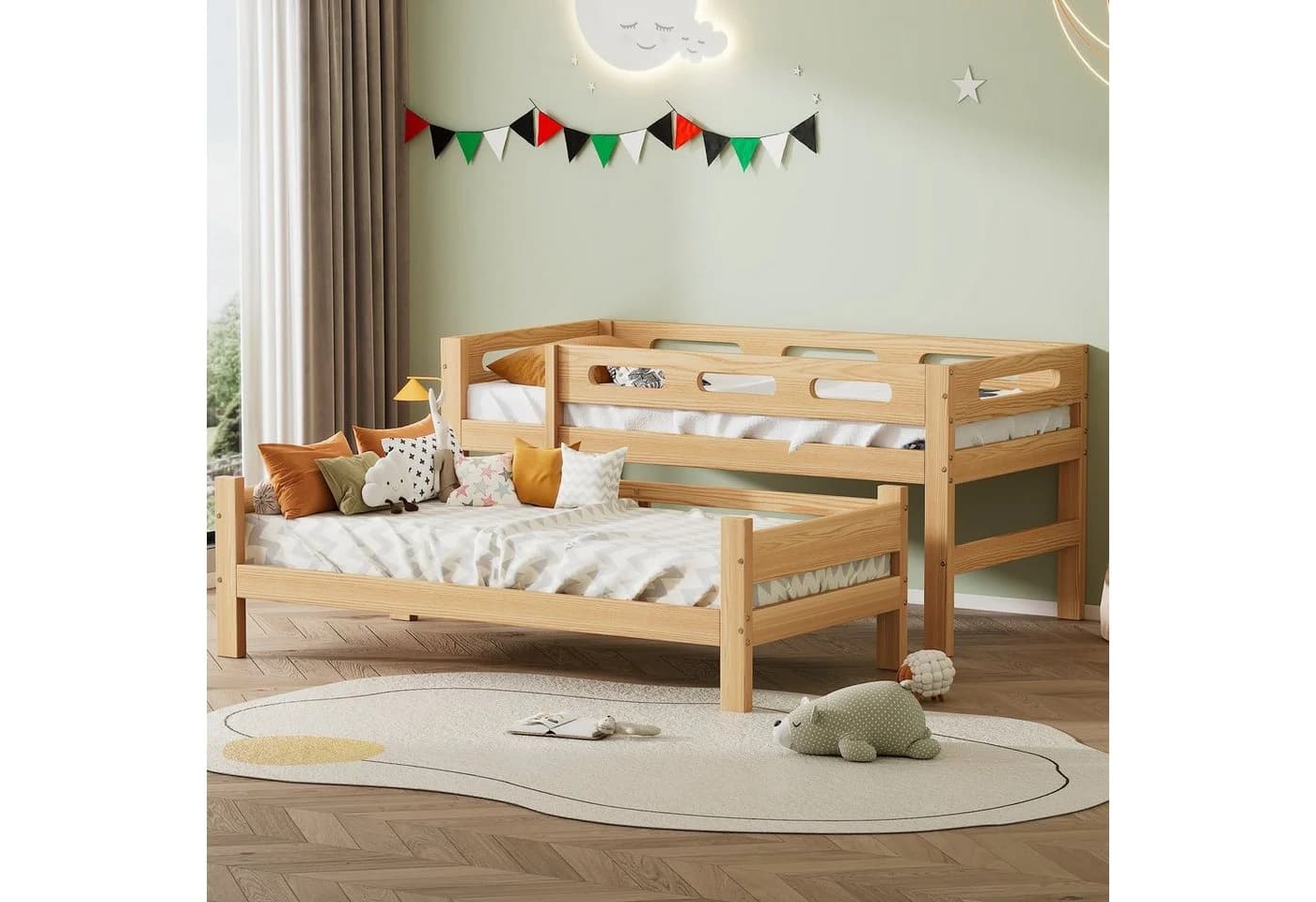 Flieks Etagenbett Massivholzbett Kinderbett 2 Einzelbetten Umwandelbar 90x200cm