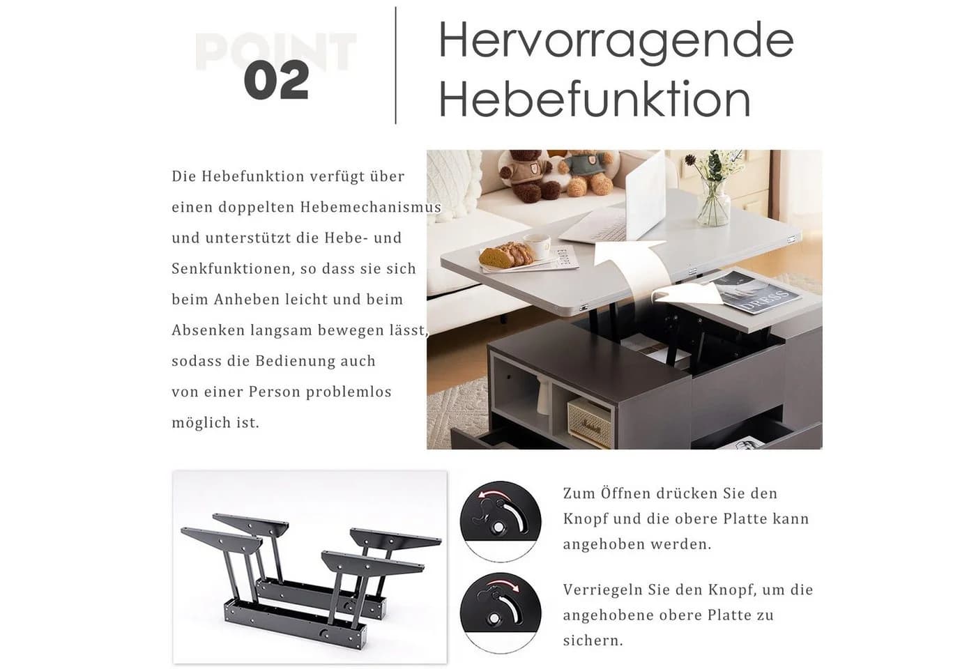 Merax Couchtisch mit Schubladen und Hub-Design Grau/Schwarz - Bild 3