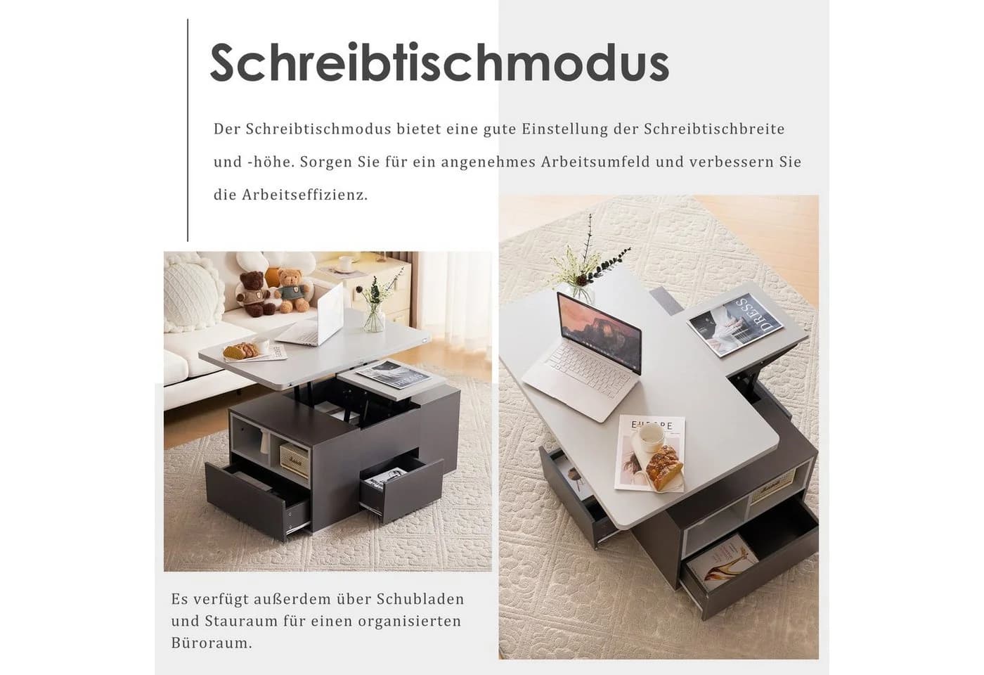 Merax Couchtisch mit Schubladen und Hub-Design Grau/Schwarz - Bild 5