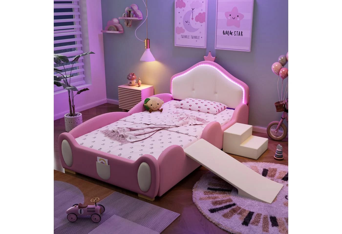 Flieks Polsterbett Kinderbett mit LED Beleuchtung und Rutsche Rosa - Bild 2