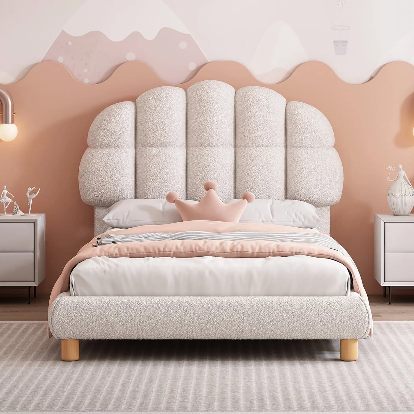 Flieks Polsterbett Einzelbett 90x200cm Halbkreisform Kopfteil Vliesimitat Weiß