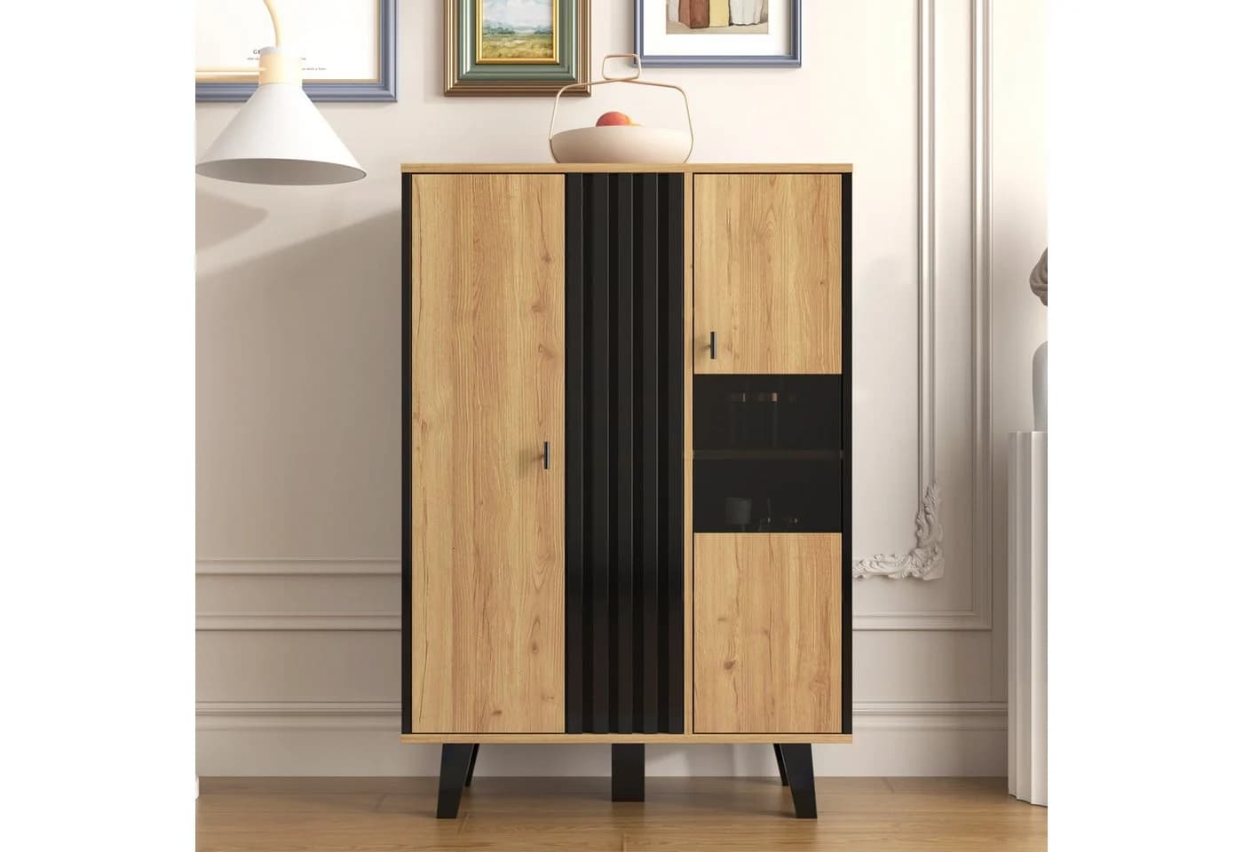 Merax Highboard mit LED und Glastür - 8 Fächer Schwarz Landhausstil - Bild 3