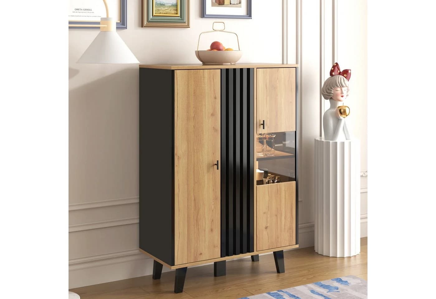 Merax Highboard mit LED und Glastür - 8 Fächer Schwarz Landhausstil - Bild 4
