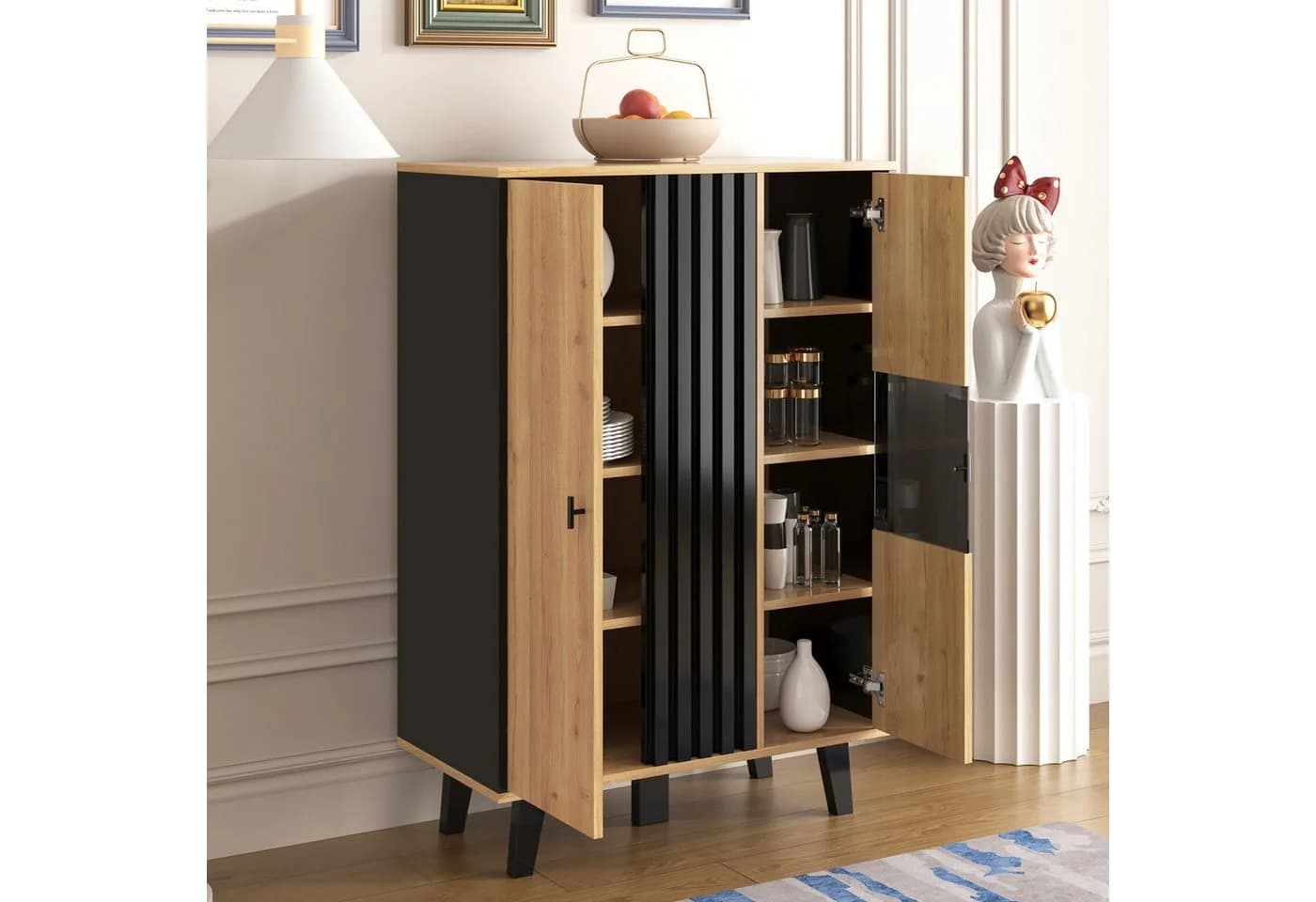 Merax Highboard mit LED und Glastür - 8 Fächer Schwarz Landhausstil - Bild 5