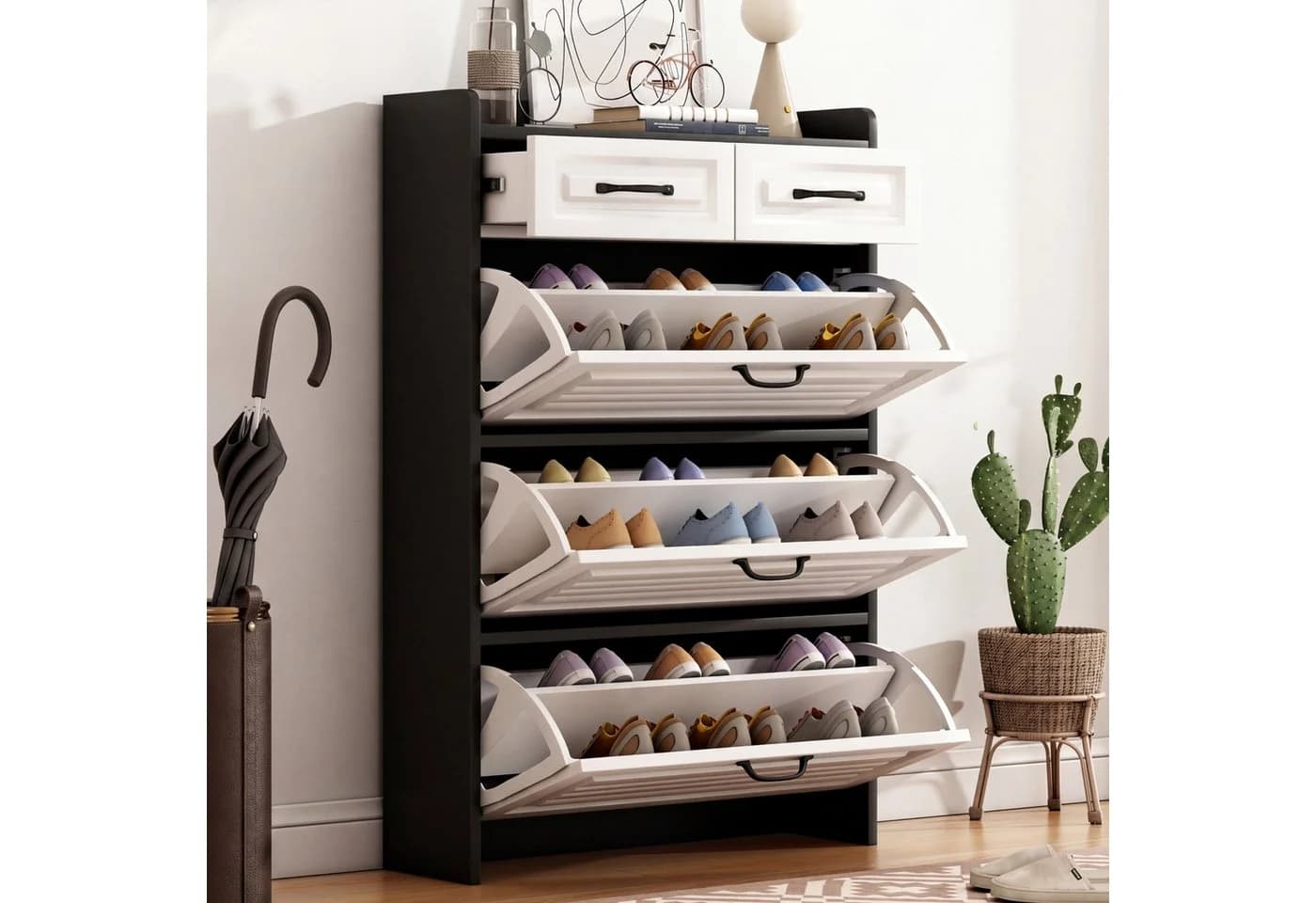 Flieks Schuhschrank Schwarz/Weiß 3 Klappen 2 Schubladen - Bild 2