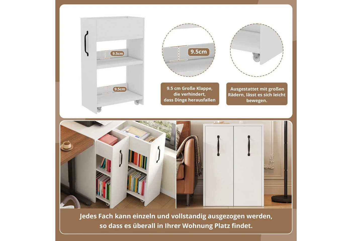 Flieks Bücherregal mit Rollen und 2 Schubladen Weiß - Bild 4