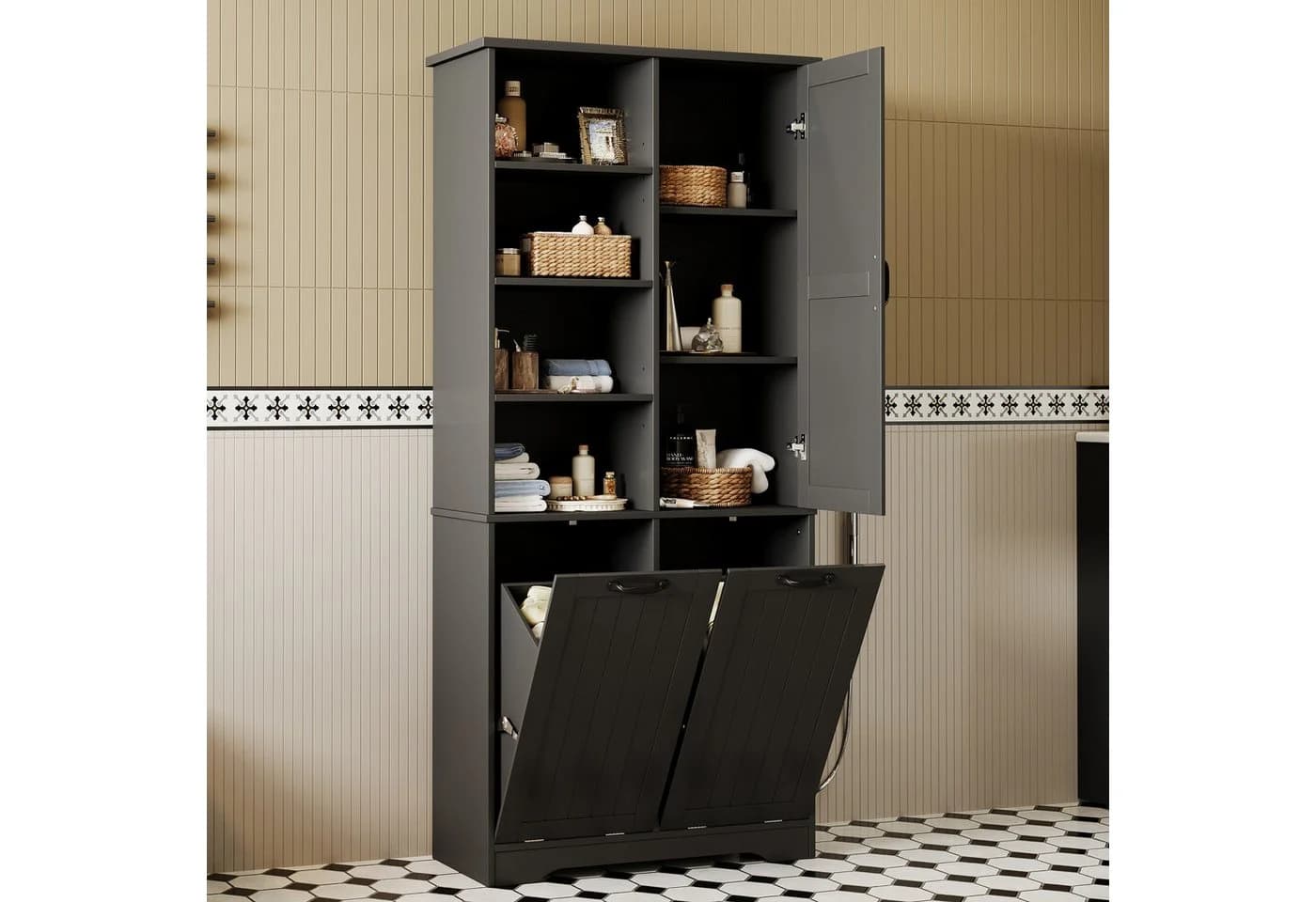 Flieks Badkommode Hochschrank Schwarz mit 7 Fächern & Wäschekorb - Bild 2