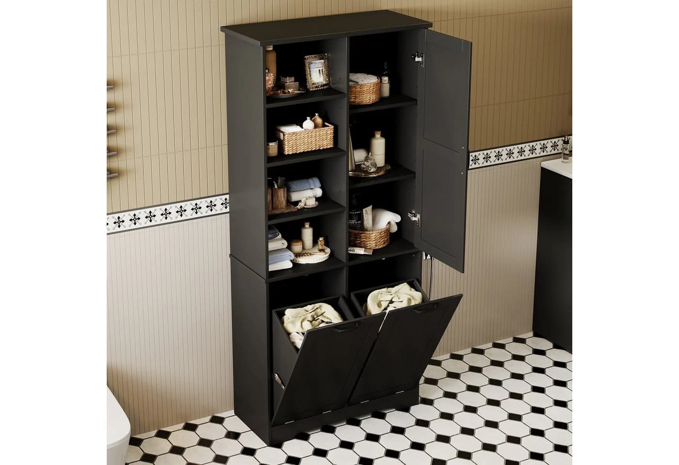 Flieks Badkommode Hochschrank Schwarz mit 7 Fächern & Wäschekorb - Bild 3