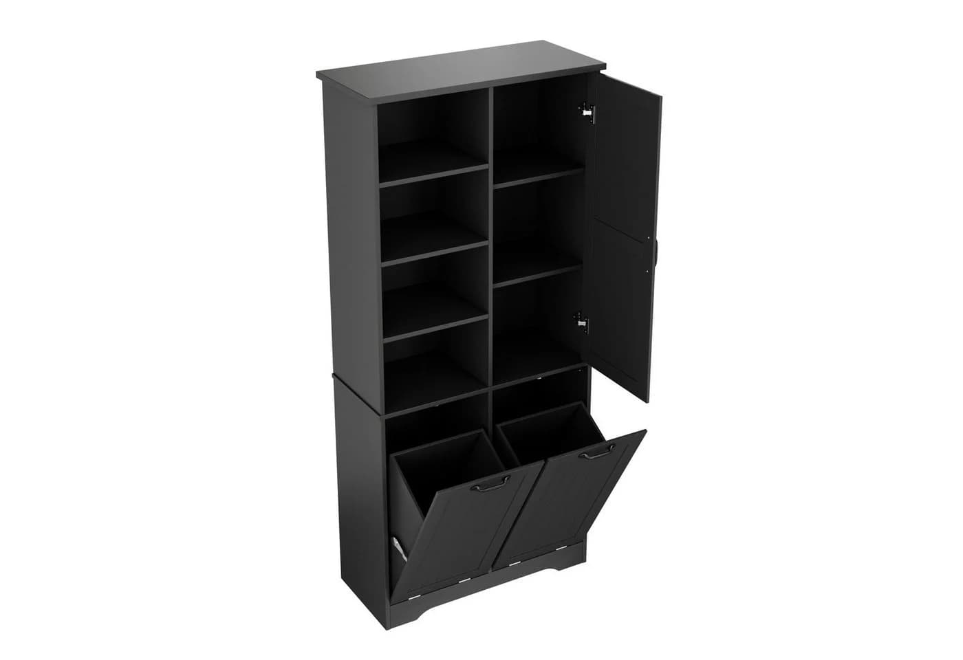 Flieks Badkommode Hochschrank Schwarz mit 7 Fächern & Wäschekorb - Bild 4