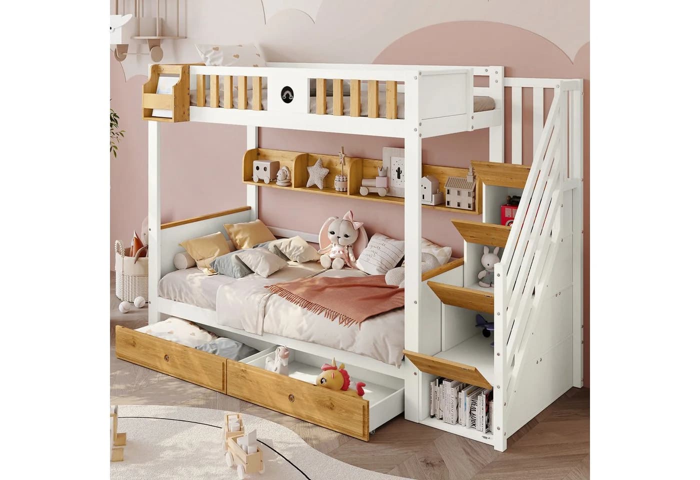 Flieks Etagenbett Massivholz mit Stauraumtreppe und Schubladen
