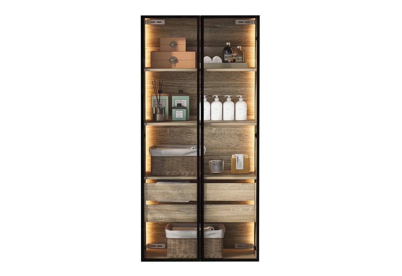 Merax Vitrine mit Glastüren und LED - MDF Eichenfurnier Schwarz - Bild 2
