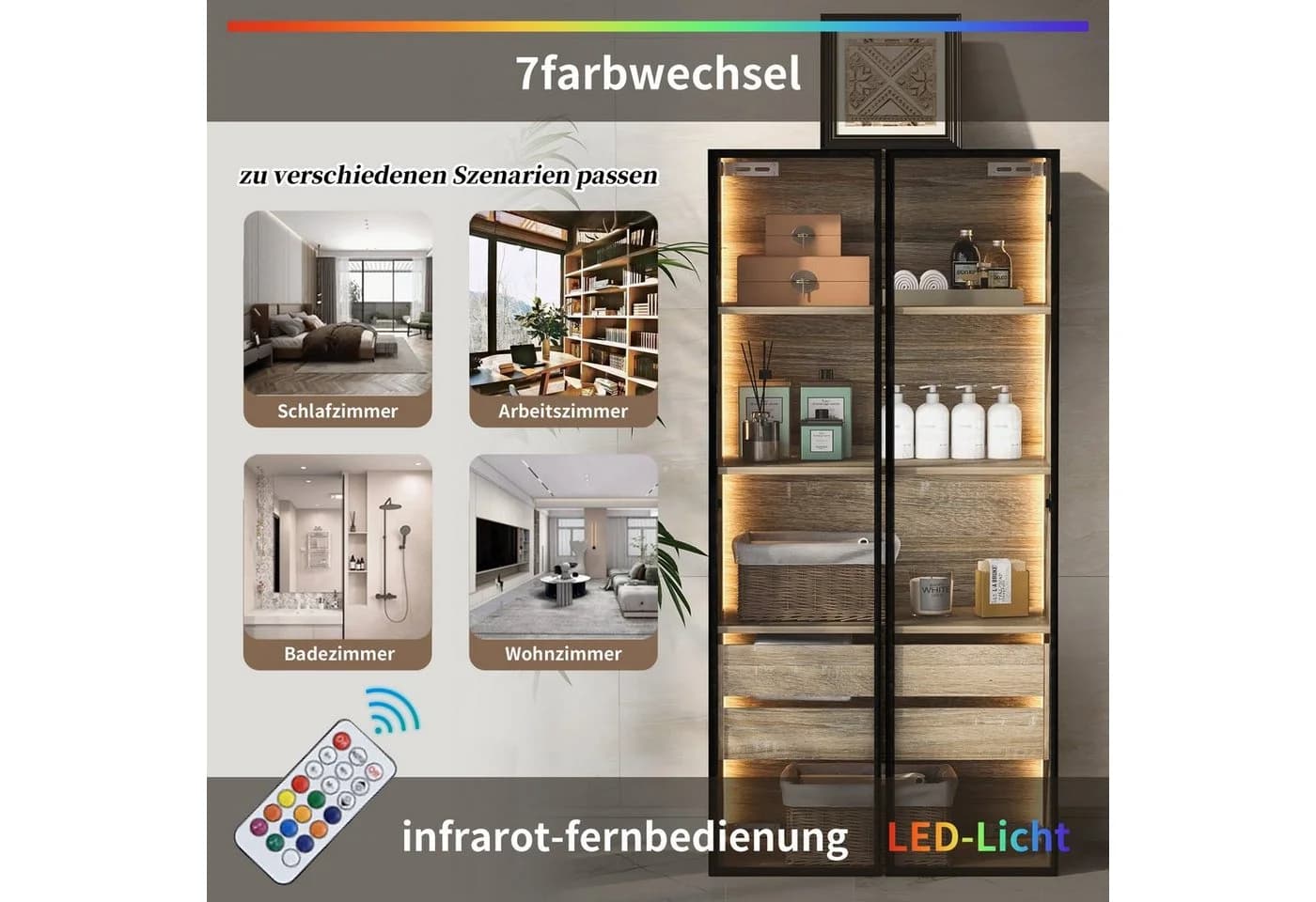 Merax Vitrine mit Glastüren und LED - MDF Eichenfurnier Schwarz - Bild 3