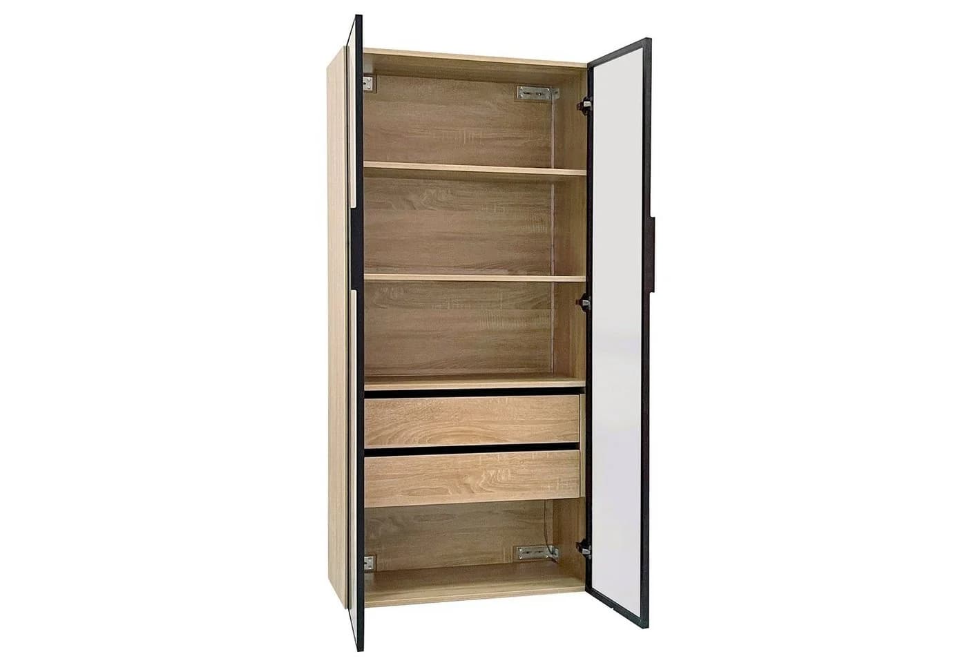 Merax Vitrine mit Glastüren und LED - MDF Eichenfurnier Schwarz - Bild 4