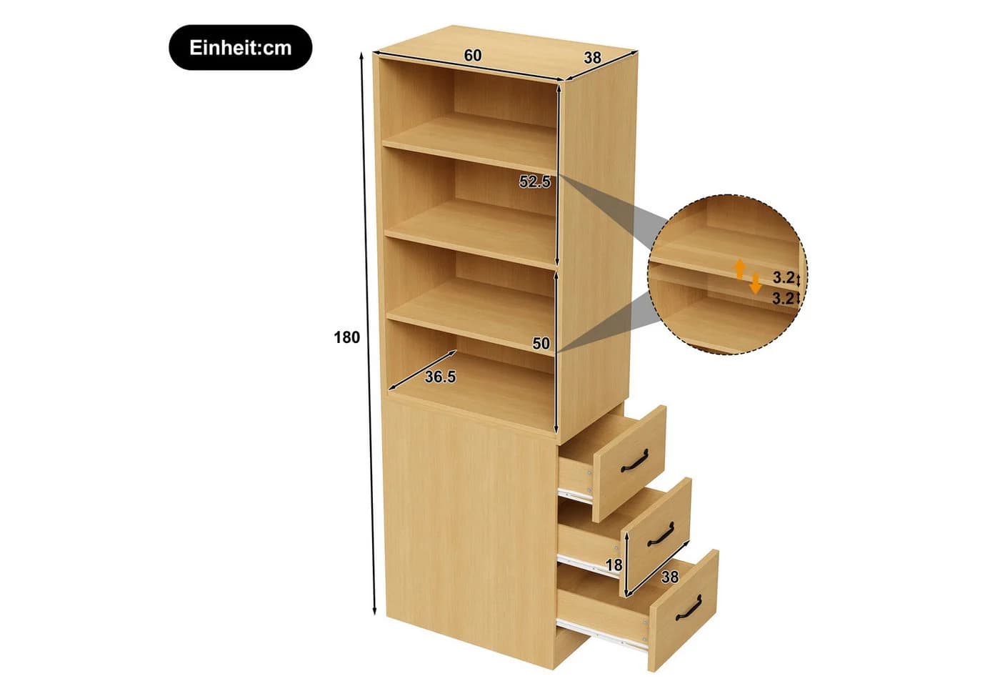 Flieks Bücherregal mit Schubladen Natur Hochschrank - Bild 4