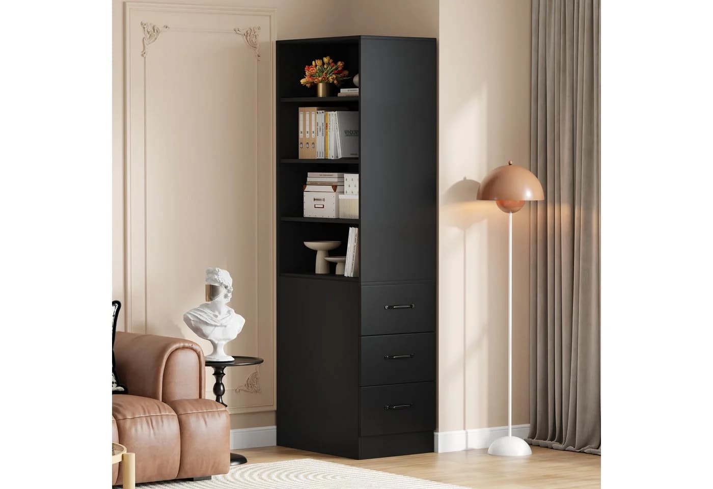Flieks Bücherregal Schwarz mit seitlichen Schubladen