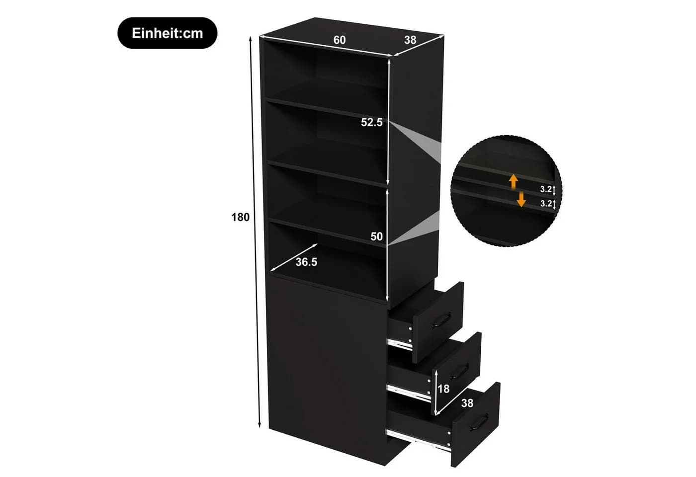 Flieks Bücherregal Schwarz mit seitlichen Schubladen - Bild 4