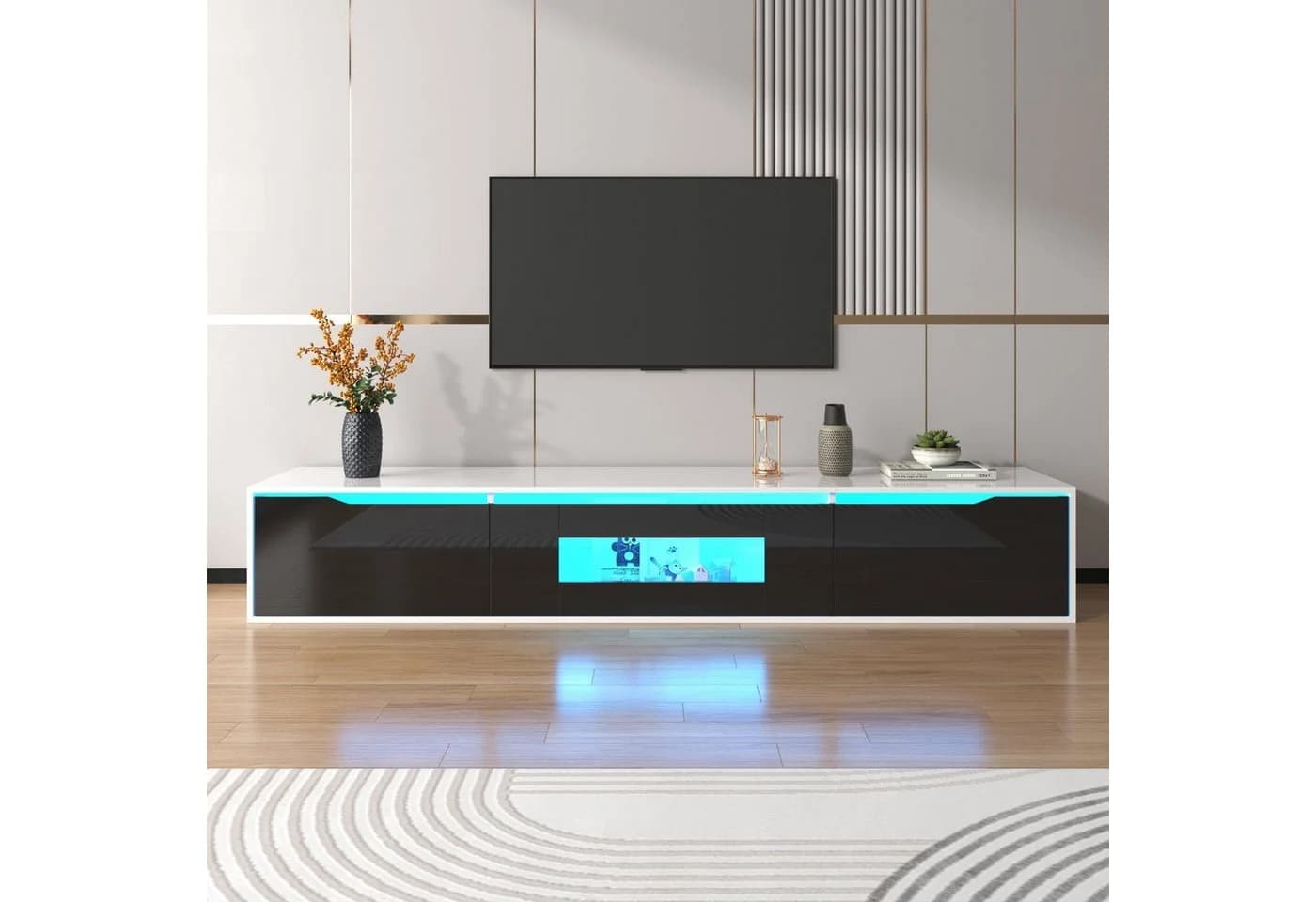 Merax Lowboard mit LED und Klapptüren, freistehend/hängend, TV-Schrank hochglanz, TV-Board Scandi