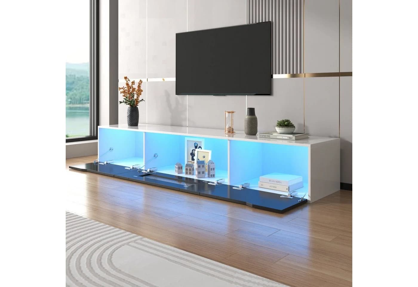 Merax Lowboard mit LED und Klapptüren, freistehend/hängend, TV-Schrank hochglanz, TV-Board Scandi - Bild 3