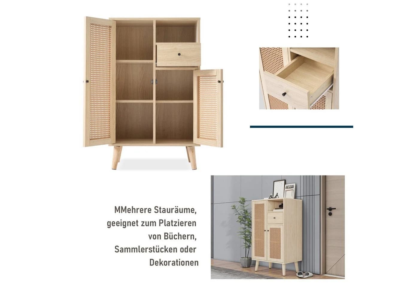 Merax Sideboard mit Rattantüren und Schublade, Highboard, Kommode, Anrichte - Bild 3