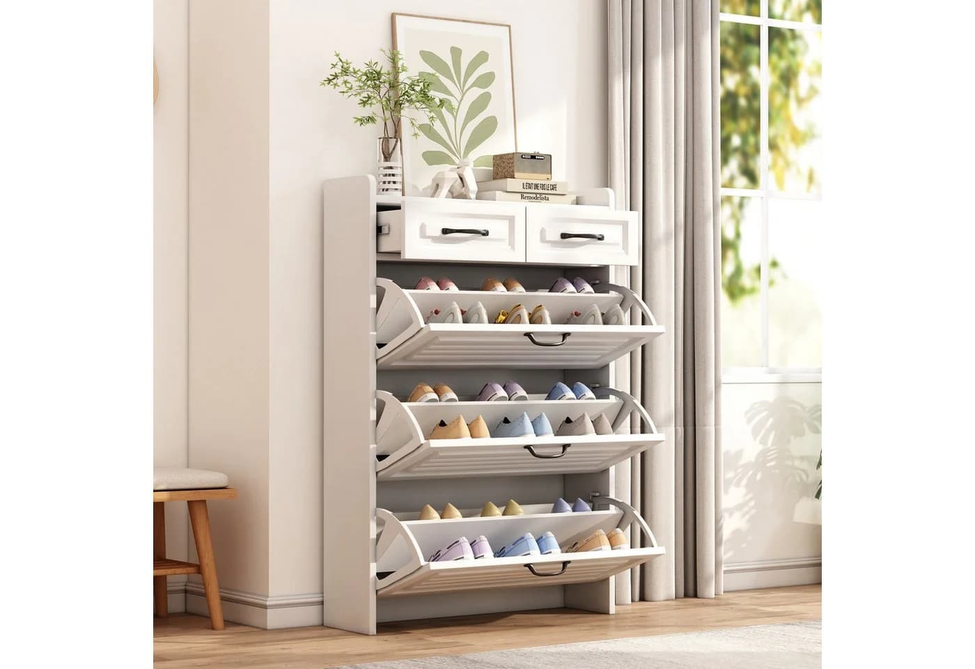 Merax Schuhschrank mit 6 Fächern und 2 Schubladen Weiß - Bild 2