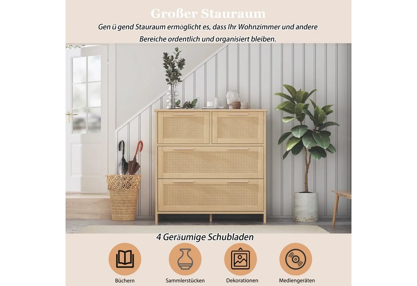 Flieks Sideboard 4 Schubladen Rattan Holzoptik - Bild 5