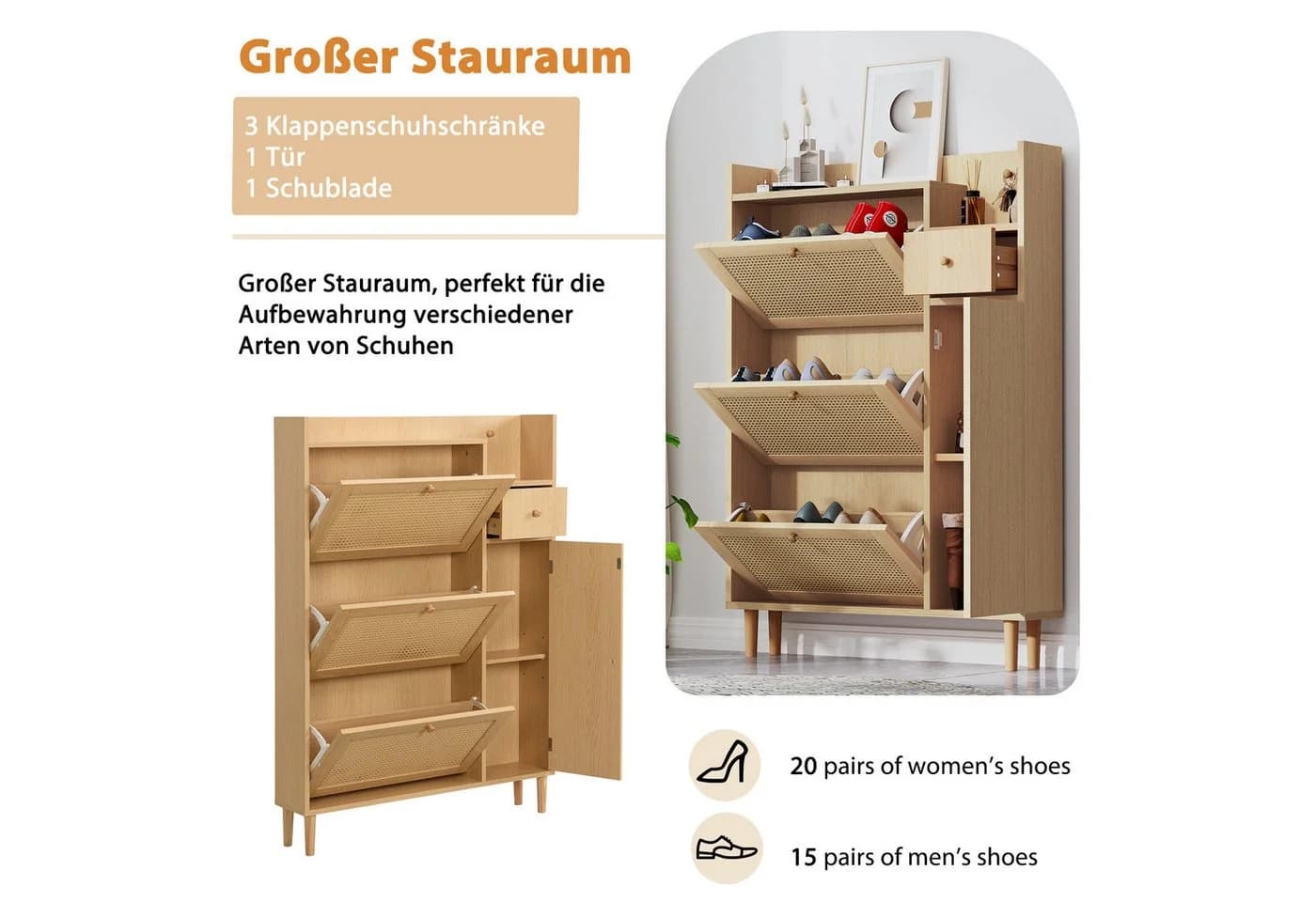 Merax Schuhschrank mit Rattandekor Weiß 3 Klappen Tür Schublade - Bild 3